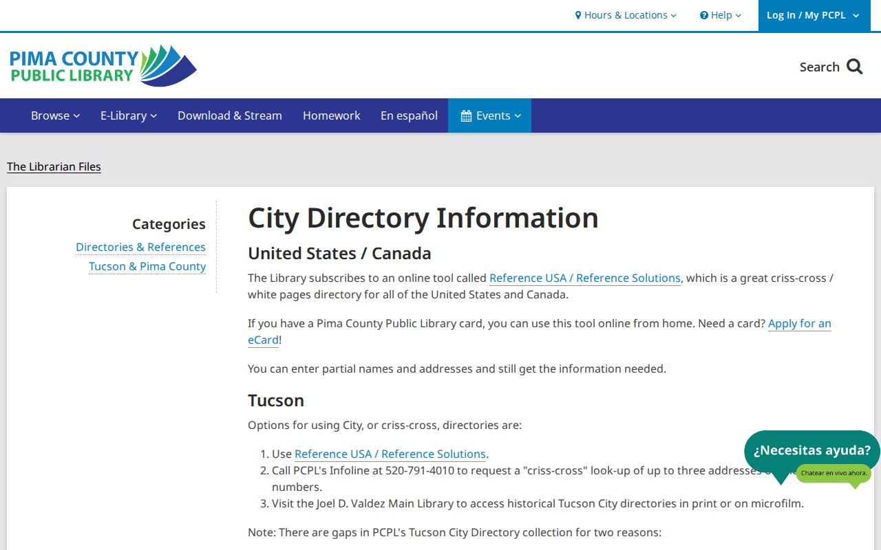 Pima County city directory access through the public library