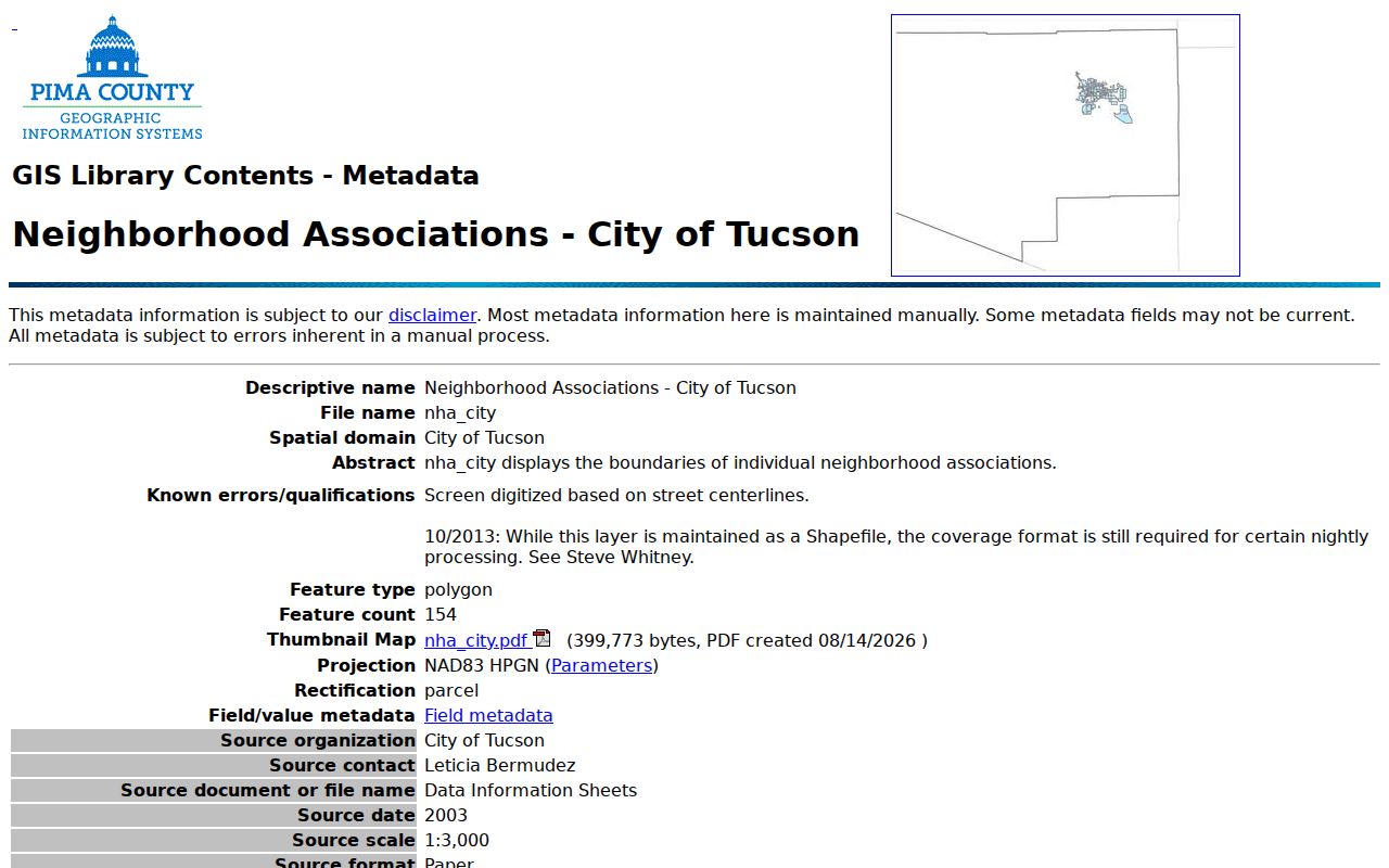 Pima County neighbors lookup neighborhood association GIS metadata