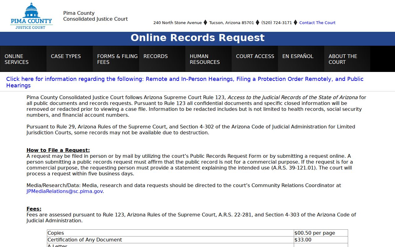 Pima County resident lookup Justice Court records request form