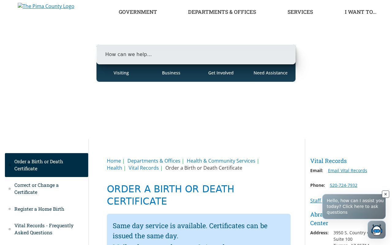 Pima County resident lookup birth and death certificate ordering routes