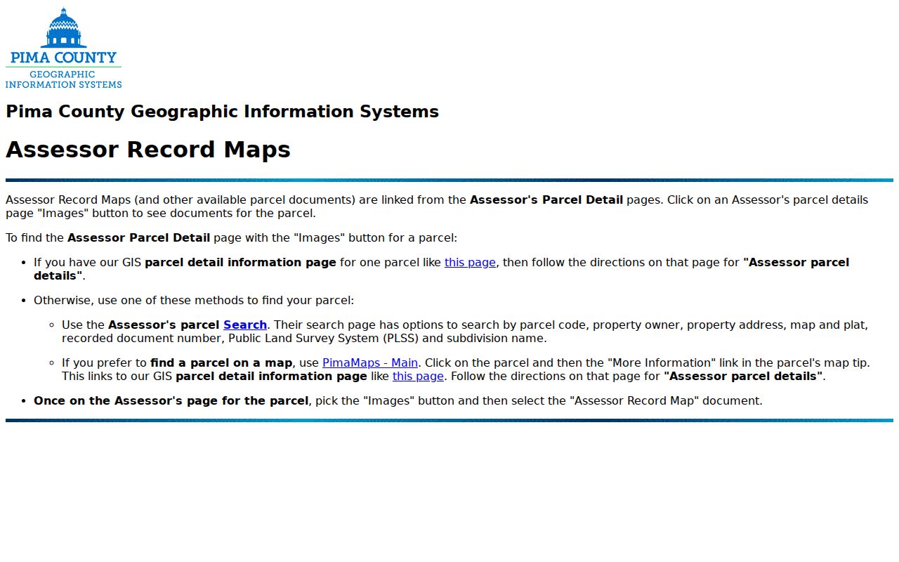 Pima County street directory parcel and map search instructions
