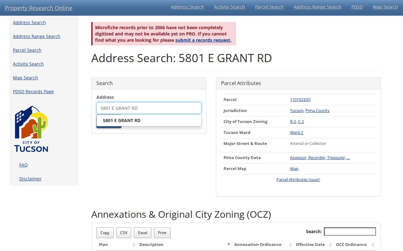 Pima County street directory sample permit history by address