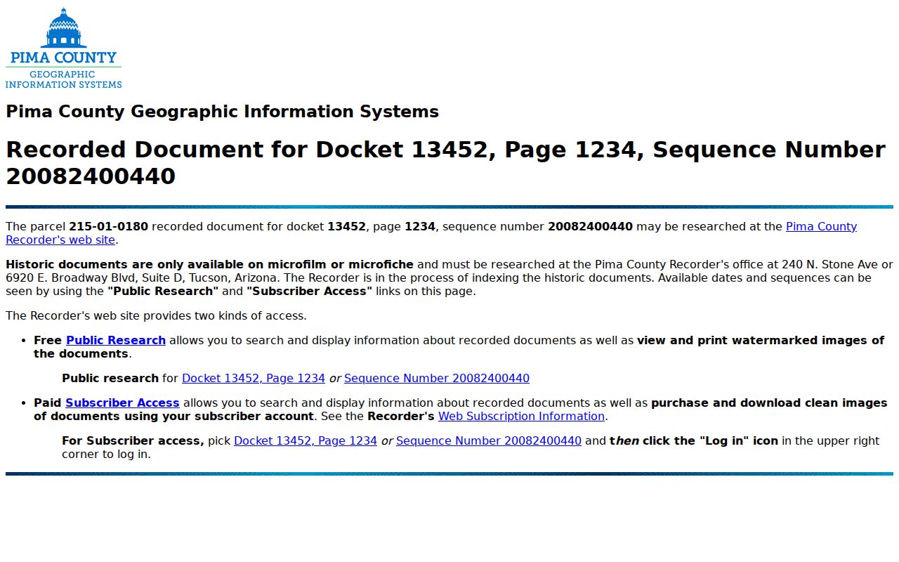Pima County street directory parcel to recorded deed bridge