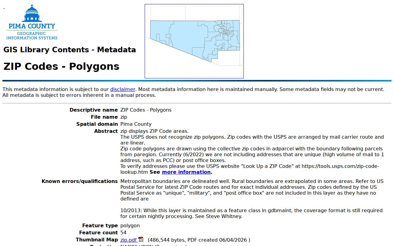 Pima County ZIP code directory polygon metadata and coverage
